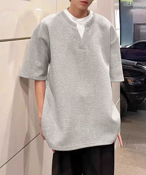 半袖Tシャツ メンズ 重ね着風カットソー スキッパーTシャツ クルーネック夏服 カジュアル 無地tシャツ 夏t レイヤード風プルオーバー おしゃれサマーtシャツ黒 87MP-005